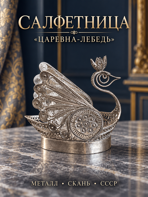 Салфетница ажурная "Царевна-Лебедь" металл, скань, СССР винтаж СССР 1970-1990 гг