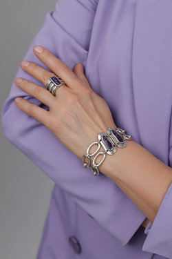 HMG MT Enamel Silver Кольцо mix арт.0999, широкое с прямоугольной лавандовой эмалью