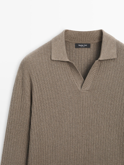 Massimo Dutti Трикотажный свитер из смесового хлопка с воротником-поло, хаки