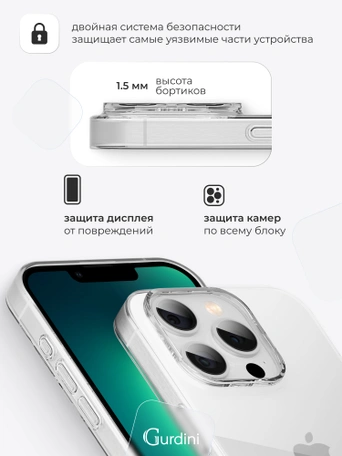 Чехол накладка Gurdini iPhone 13 Pro Max 6.7" плотный силикон 1,5 mm прозрачный