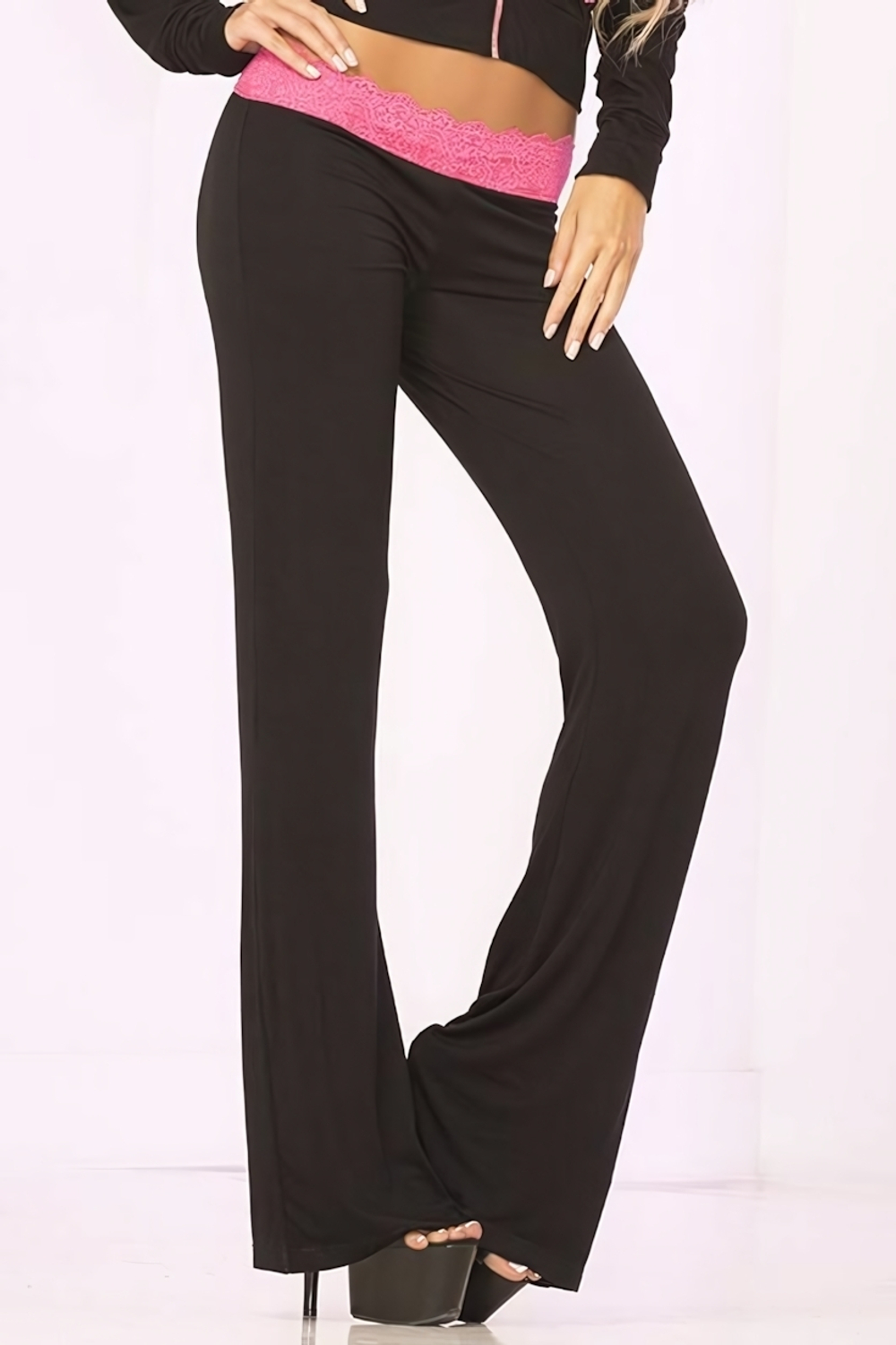Клубные брючки с кружевным поясом и декоративной шнуровкой LACE TRIM LOUNGE PANTS (Размер: S) (Цвет: черный с розовым)