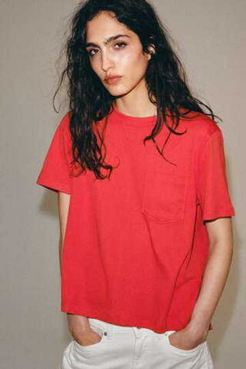 ZARA ФУТБОЛКА INTERLOCK С КАРМАНОМ, КОРАЛЛОВЫЙ