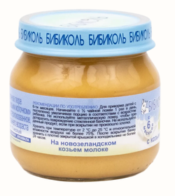 БИБИКОЛЬ фруктово-молочное пюре «Яблоко и персик с козьим молочком» гомогенизированное, стерилизованное, для питания детей с 6 мес. стекло 80гр., блок 6шт.