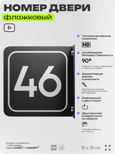 Табличка флажковая с номером 46 на дверь квартиры, для офиса, кабинета, аудитории, склада, черная двустороняя 19х19 см, Айдентика Технолоджи