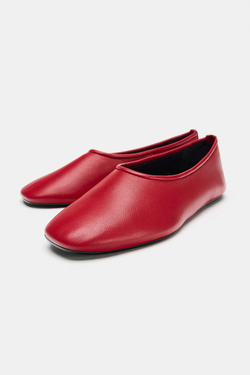 ZARA КОЖАНЫЕ БАЛЕТКИ НА ПЛОСКОЙ ПОДОШВЕ, КРАСНЫЙ