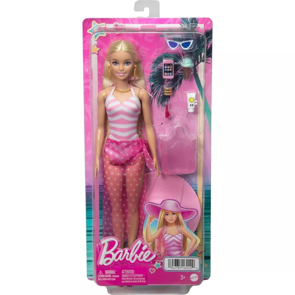 Кукла Barbie в купальнике с пляжными аксессуарами