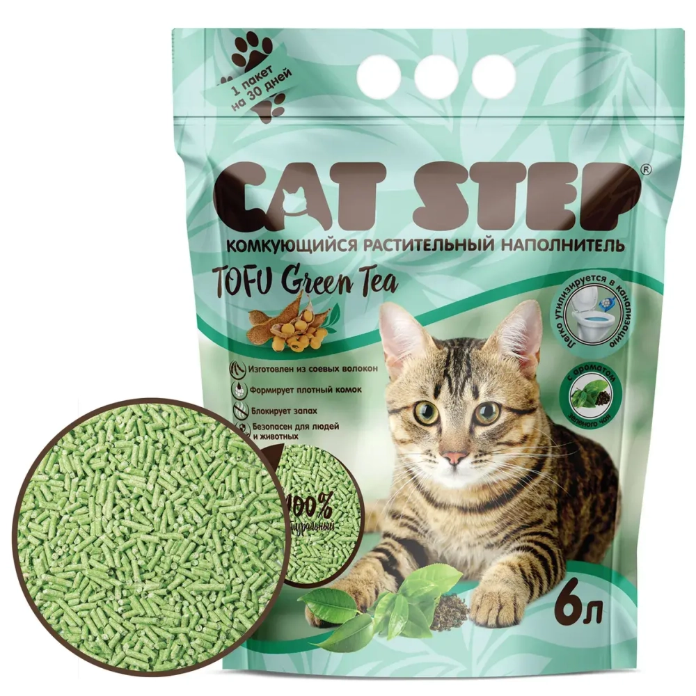 Наполнитель растительный комкующийся Cat Step Tofu Green Tea 2,7кг*6л