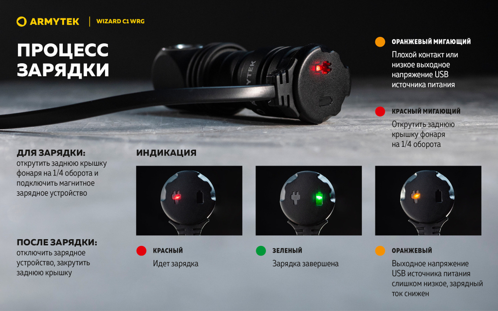 Фонарь с красно-зеленым и белым светом Armytek Wizard C1 WRG [F10601C]