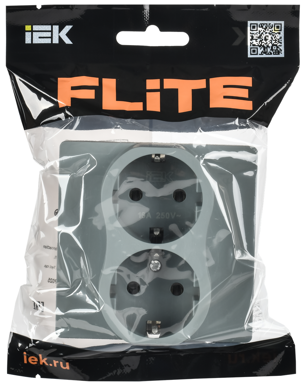 FLITE Розетка 2-местная с заземлением без защитных шторок безвинтовое крепление 16А РС12-1-К-ФлС серый IEK