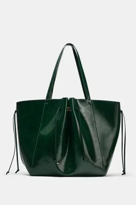 ZARA СУМКА-ШОПЕР СО СБОРКАМИ, ЗЕЛЕНЫЙ