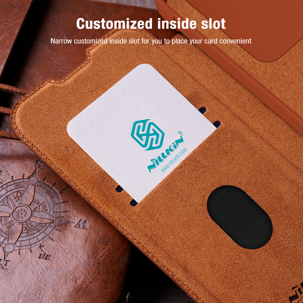 Кожаный чехол книжка коричневого цвета от Nillkin для Samsung Galaxy S24 FE, серия Qin Pro Leather с защитной шторкой для камеры