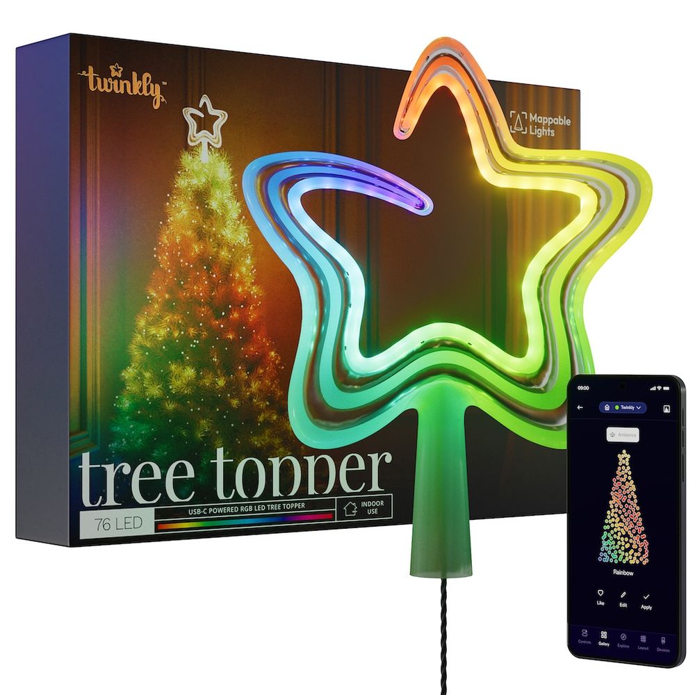 Twinkly Tree Звезда на елку - 74 диода RGB, USB Type C, 3м (без блока питания), зеленый провод