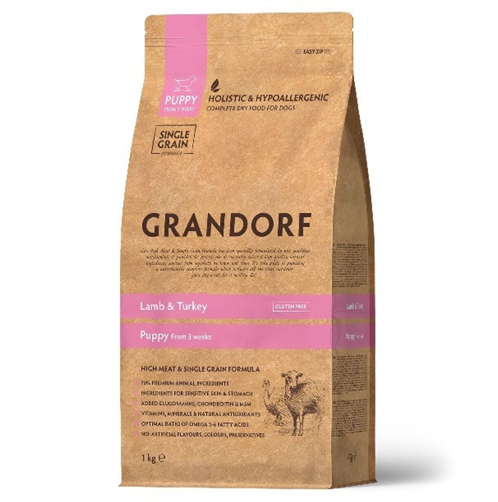 Grandorf 1кг Lamb &amp; Turkey Puppy Holistic для щенков от 3 недель, беременных и кормящих сук, ягненок с индейкой