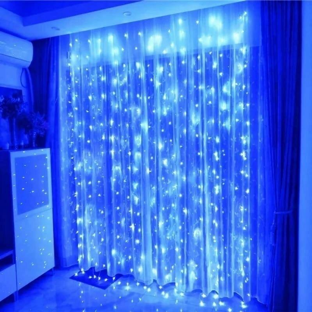 Гирлянда электрическая интерьерная 1,8х1,8метра Новый Год 2023/200 LED/Светодиодная штора- занавес/Световой дождь/Тюль /Синий
