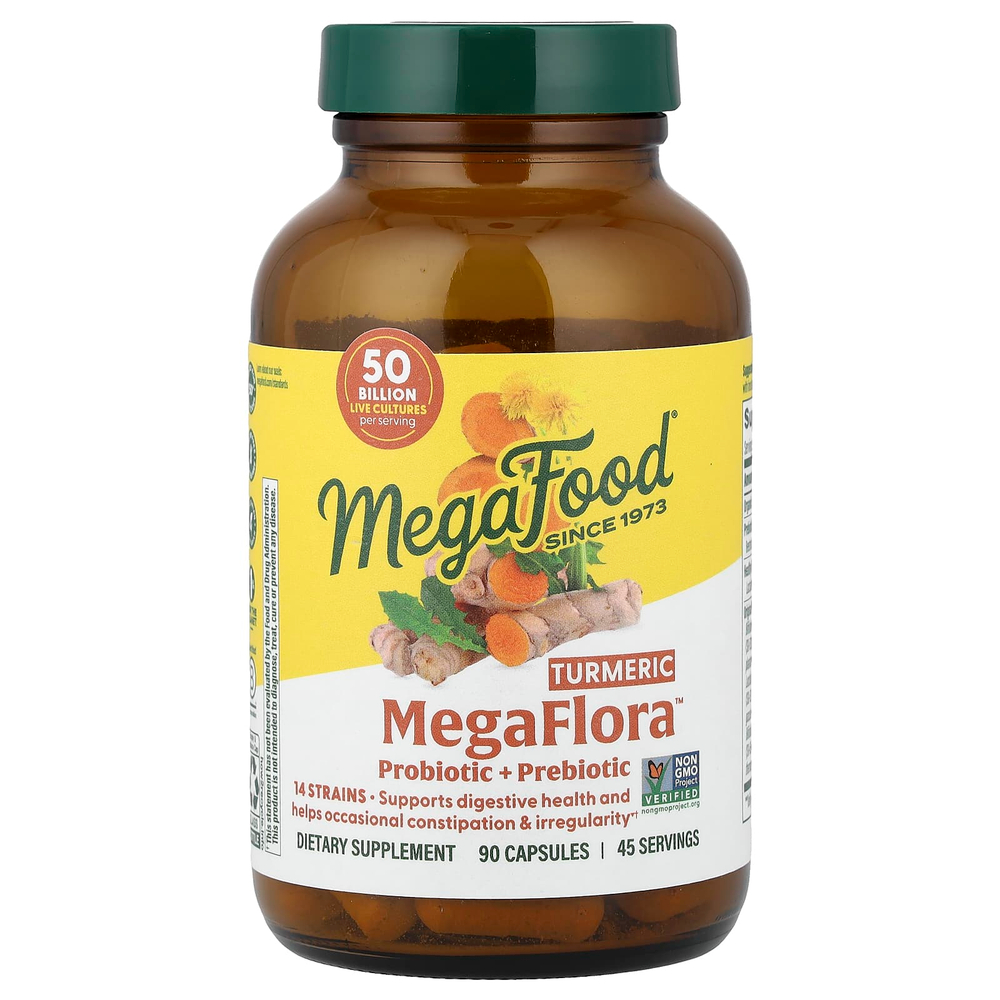 MegaFood, MegaFlora™, пробиотик и пребиотик с куркумой, 90 капсул