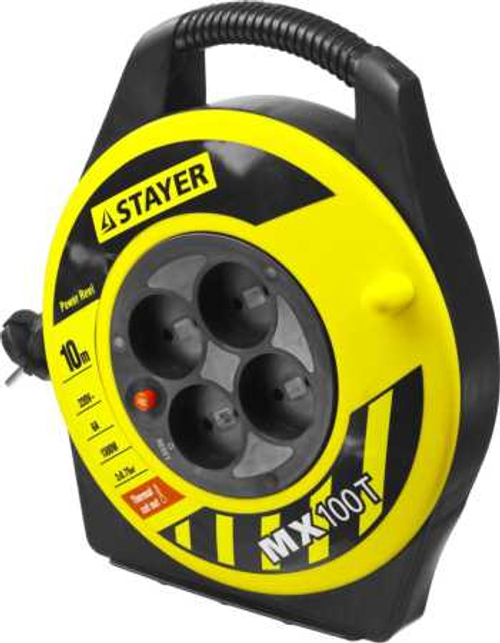 Удлинитель на катушке MX100T, 10 м, 4 гнезда, ПВС 2x0,75 кв мм, 1300 Вт, STAYER, 55071-10