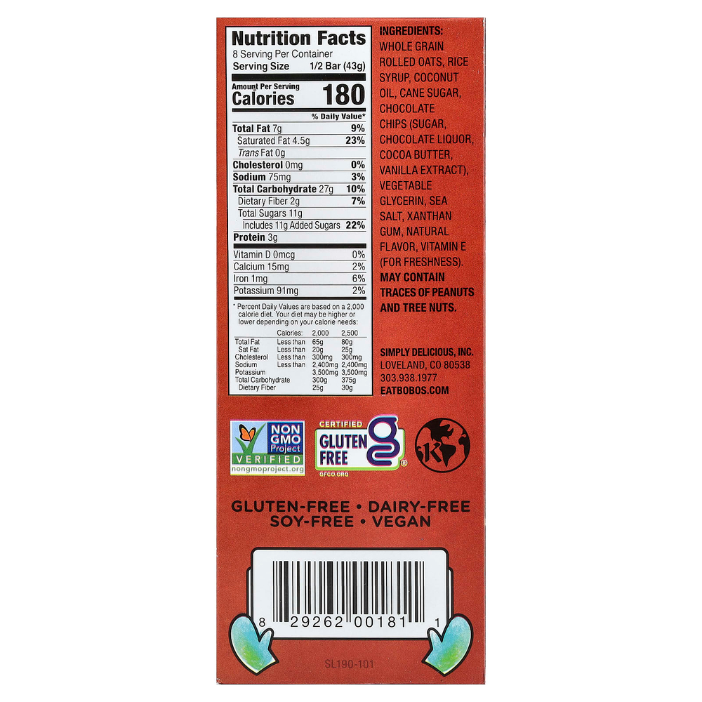 Bobo's Oat Bars, овсяный батончик, с шоколадной крошкой, 4 батончика по 85 г (3 унции)