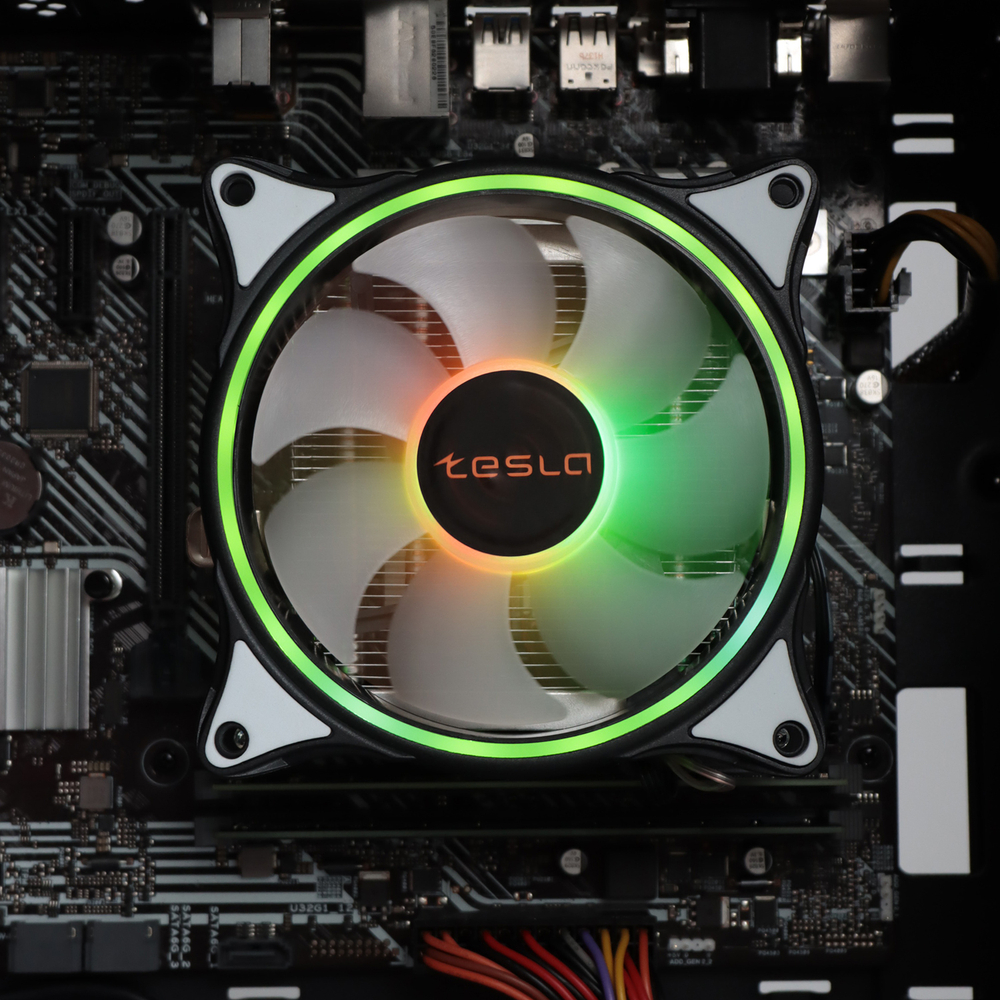 Кулер для CPU ТЕСЛА (TESLA) 1040RGB, 1х120мм, 3-pin, Al+Cu, серебристый-черный-белый/RGB, 1600rpm, 51.3CFM, 25.1дБ, 4-PIPE(прямой контакт), TDP 155Вт, INTEL 1700/1200/115x/775/1366, AMD AM5/AM4/AM3(+)/AM2(+)/FM2(+)/FM1/754/940/939 (TSL-1040-RGB)