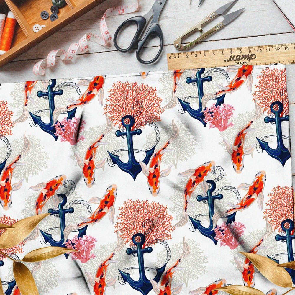 Ткань лен якорь золотые карпы кораллы