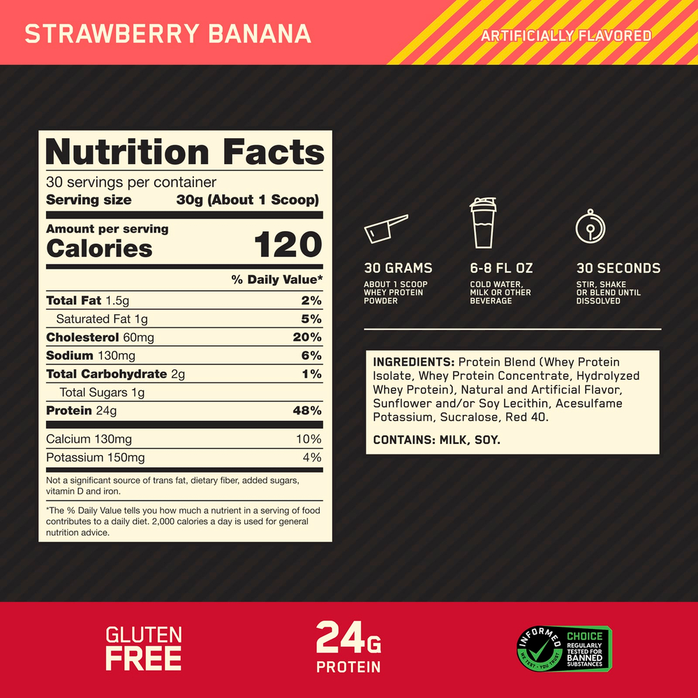 Optimum Nutrition, Gold Standard, 100 % Whey, банан с клубникой, 907 г (2 фунта)