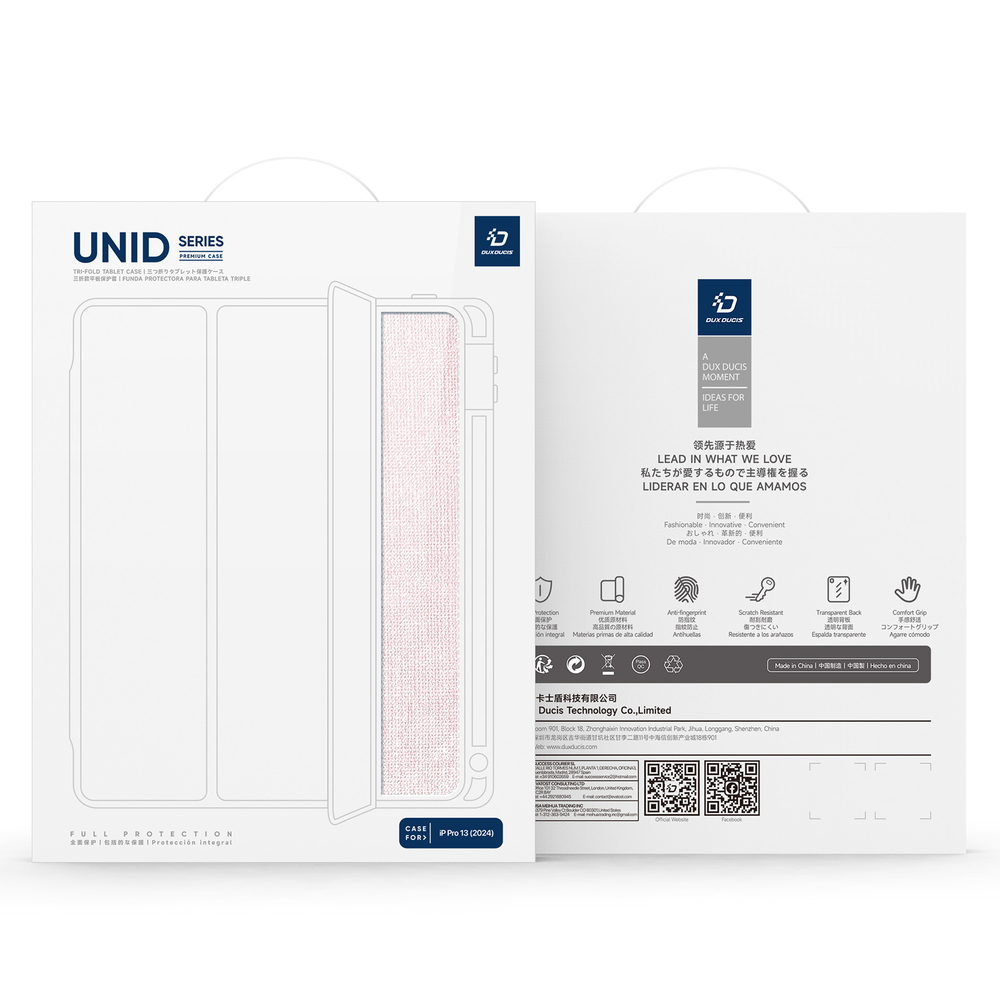 Чехол книжка розового цвета от Dux Ducis для Apple iPad Pro 13 с 2024 года, серия Unid Series Case, с держателем Apple Pencil и функцией автоматического перехода в спящий режим
