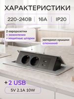 Горизонтальная двойная розетка + 2 USB, серебристая