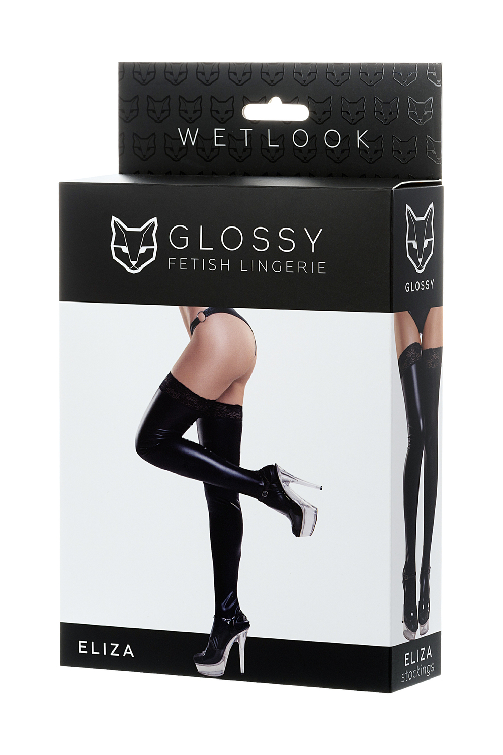 Чулки Glossy из материала Wetlook со вставкой из кружева черный XL