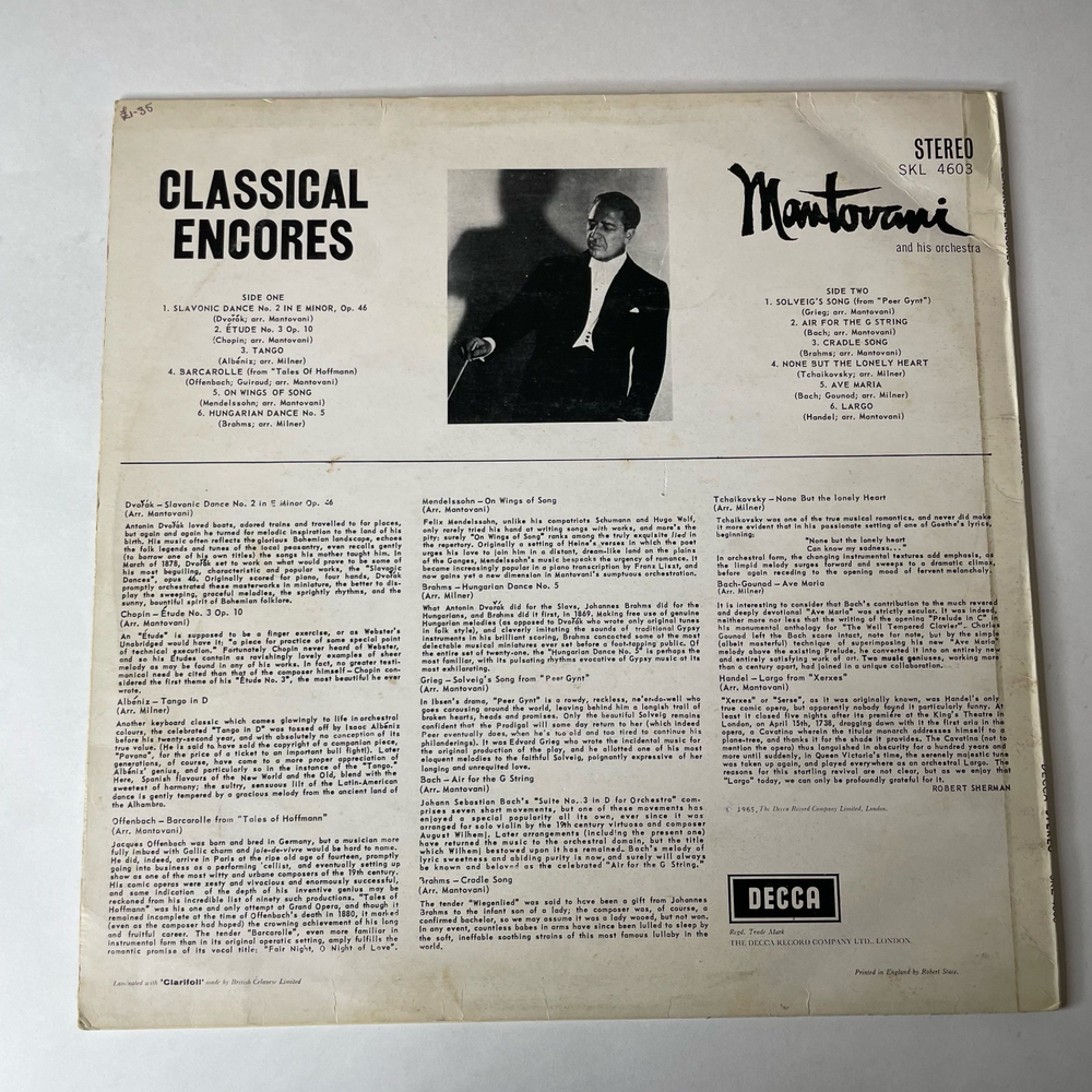 Винтажная виниловая пластинка LP Mantovani And His Orchestra Оркестр Мантовани, Classical Encores (Англия 1965)