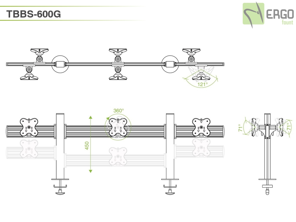 ErgoFount TBBS-600G Настольное крепление back-to-back для 6 мониторов диагональю до 24'' конфигурации 1х3 со струбциной к столу типа "G". Цвет - серебристый
