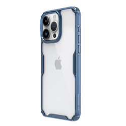 Прозрачный чехол с усиленными боковыми рамками синего цвета от Nillkin для iPhone 15 Pro, серия Nature TPU Pro Case