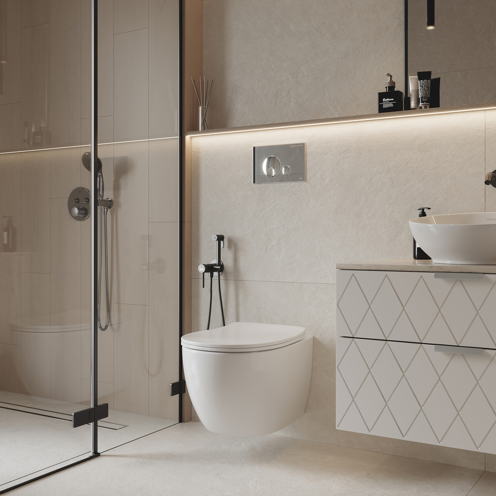 Комплект Sanita Luxe "Система инсталляции OLI + подвесной унитаз Гелакси + круглая кнопка ХРОМ"