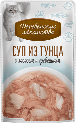 Деревенские лакомства консервы д/кошек «Суп из тунца с лососем и гребешком»,пауч 35гр *4шт