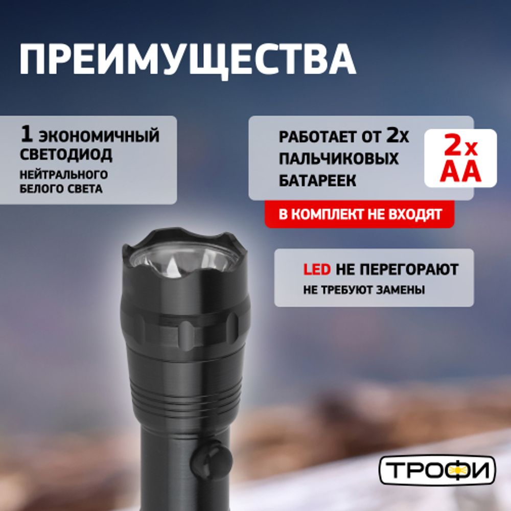Светодиодный фонарь Трофи TM1W ручной на батарейках алюминиевый | Трофи