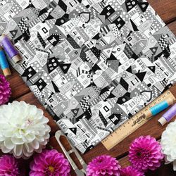 Ткань дюспо чёрно-белые резные дома