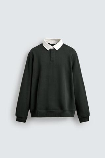 ZARA ТОЛСТОВКА-ПОЛО С КОНТРАСТНЫМ ВОРОТНИКОМ, ТЕМНО-ЗЕЛЕНЫЙ