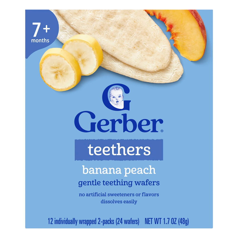 Gerber, вафли для прорезывания зубов, для детей от 7 месяцев, банан и персик, 12 пакетиков по 4 г (0,14 унции), по 2 вафли в пакетике