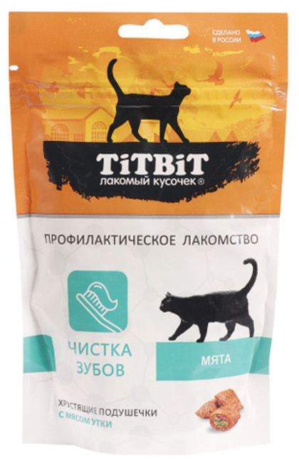 TITBIT Лакомство для кошек Хрустящие подушечки Чистка зубов с уткой, 60 г