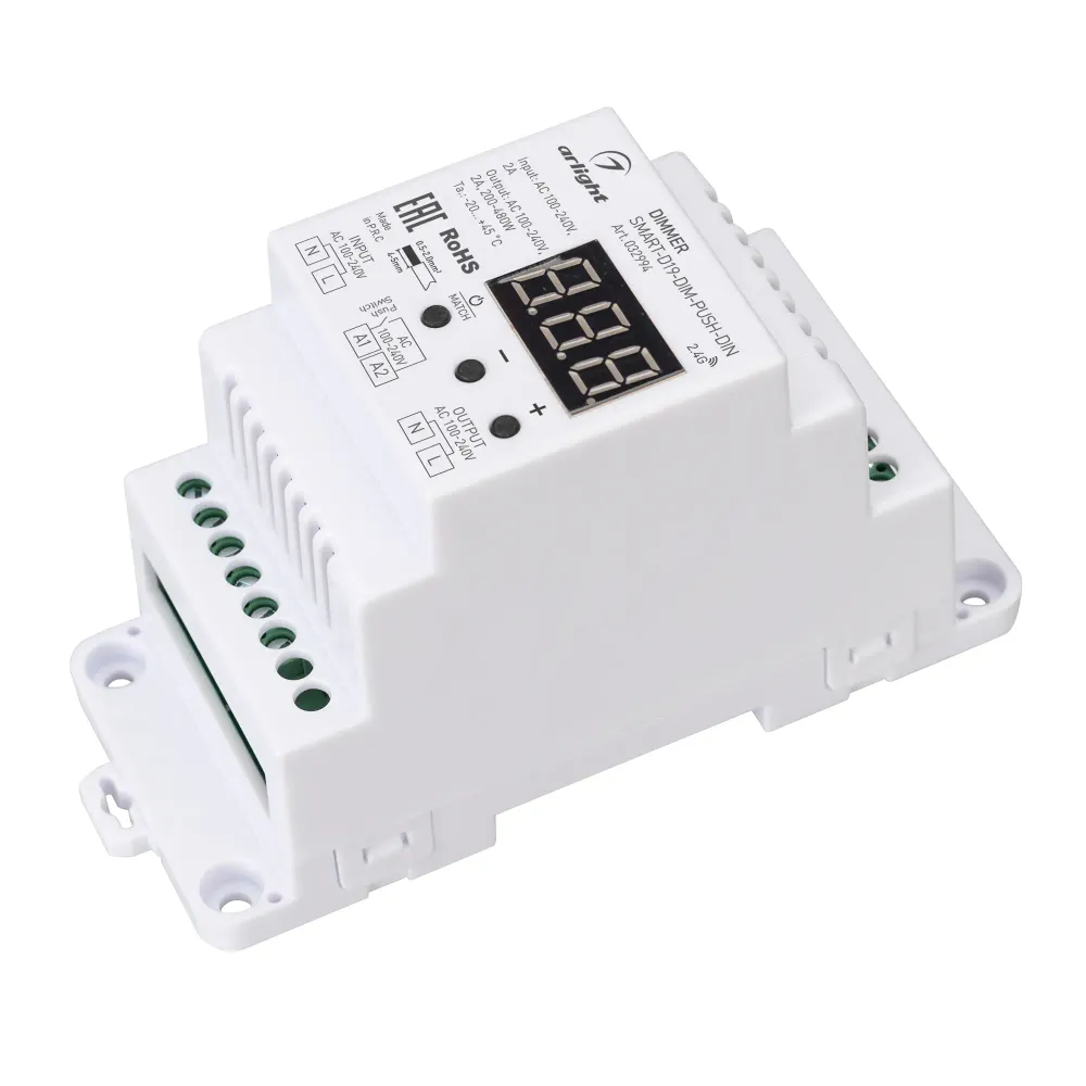 Диммер SMART-D19-DIM-PUSH-DIN (230V, 2A, TRIAC, 2.4G) (Arlight, IP20 Пластик, 5 лет) Диммер SMART-D19-DIM-PUSH-DIN (230V, 2A, TRIAC, 2.4G) (Arlight, IP20 Пластик, 5 лет)