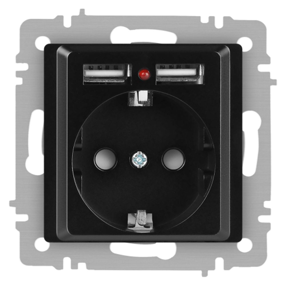 Розетка Intro Accent 6-410-05 с заземлением 2P+E Schuko со шторками 16А-250В + 2хUSB IP20 СУ антрацит | Intro