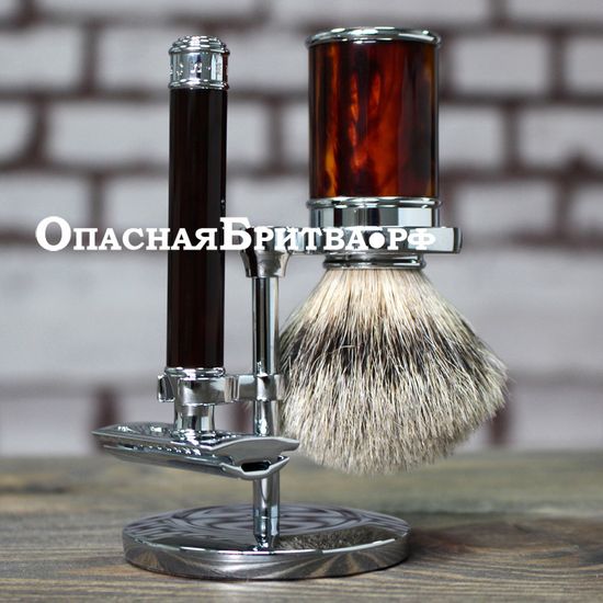 Бритвенный набор MUEHLE TRADITIONAL, смола черепахового цвета, барсучий ворс высшей категории Silvertip, Т-образная бритва (станок)