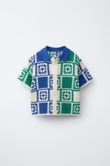 ZARA РУБАШКА КРОШЕ С МОЗАИЧНЫМ УЗОРОМ, ЭКРЮ/СИНИЙ