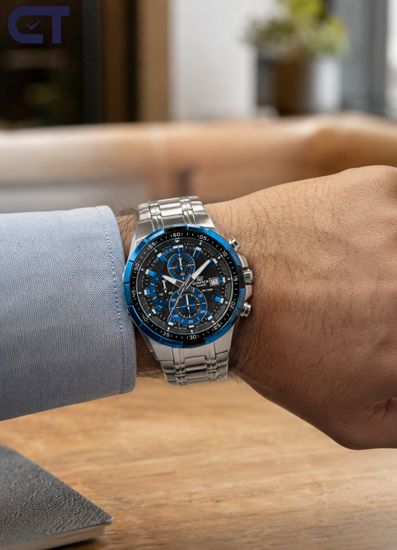 CASIO EFR-539D-1A2VUDF EDIFICE мужские наручные часы — крупный стальной хронограф с чёрным циферблатом и синими акцентами