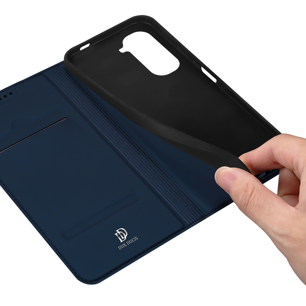 Чехол книжка из кожи синего цвета для Infinix Hot 70 Pro, серия Skin Pro Series от Dux Ducis