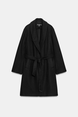 ZARA ПАЛЬТО ИЗ МЯГКОЙ ТКАНИ С ПОЯСОМ, ЧЕРНЫЙ