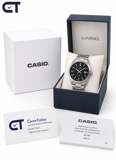 Casio MTP-VD03D-1A General часы наручные мужские — фактурный чёрный циферблат, дата и стальной браслет