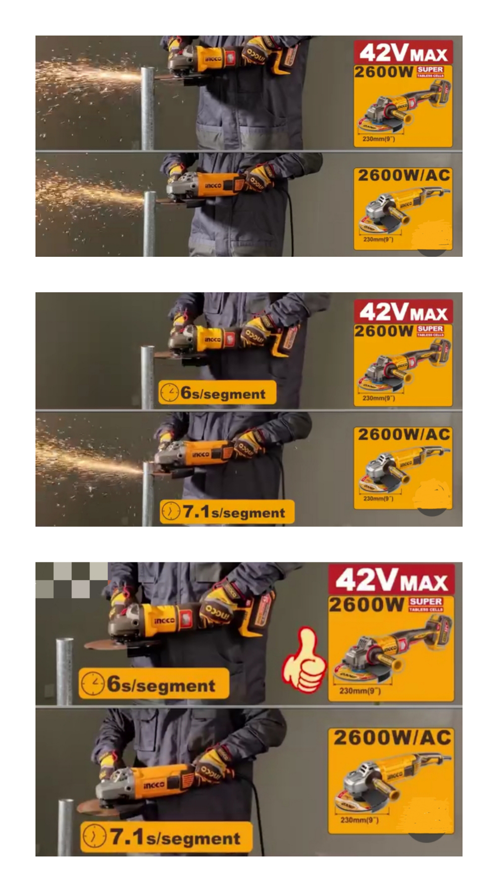 Аккумуляторная угловая шлифовальная машина (УШМ) INGCO CAGLI4260182 INDUSTRIAL 42 В 230 мм 2х4 Ач