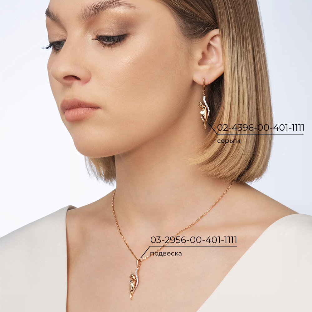 Серьги «Кошки» с английским замком из комбинированного золота c фианитами
