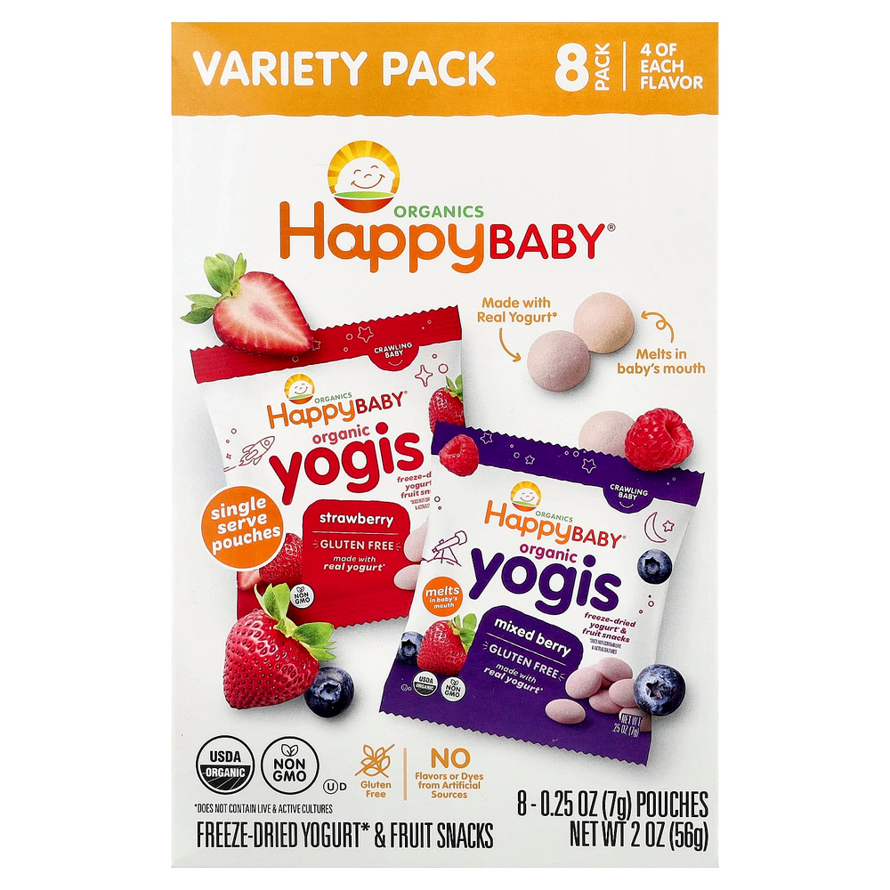 Happy Family Organics, Happy Baby®, органические йогурты, сублимированные йогурты и фруктовые снеки, для малышей, ассорти вкусов, 8 паучей по 7 г (0,25 унции)