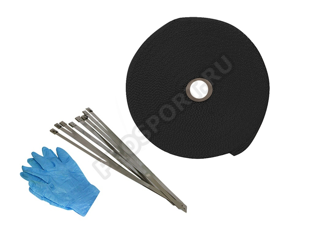 Термолента для глушителя черная 1mm*50mm*15m стекловолокно,с 10 хомутами и перчатками