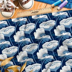 Ткань премиум интерлок белосиняя цветочная графика